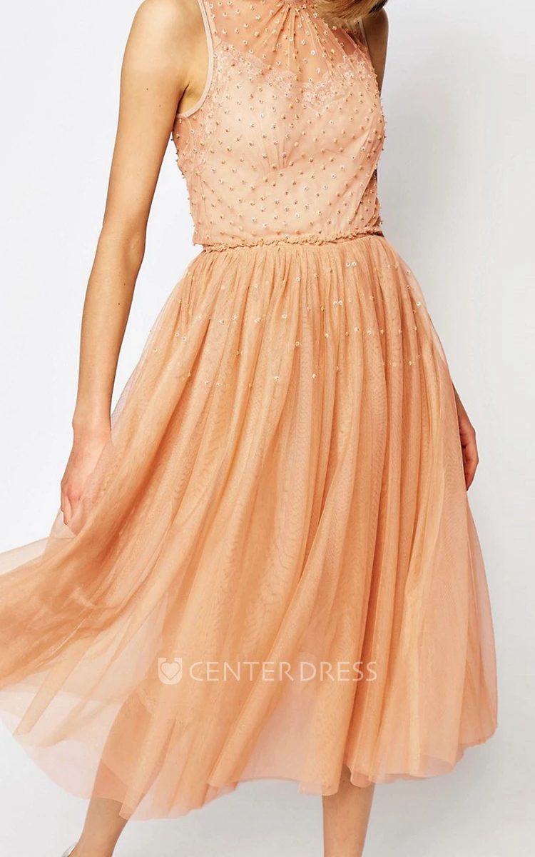 A-Line Beaded Floor-Length Sleeveless Scoop-Neck Tulle Bridesmaid Dress With Pleats