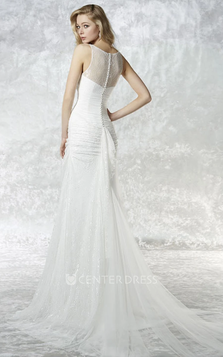 Sheath Scoop Long Lace Sleeveless Tulle Wedding Dress With Illusion Back And Side Draping