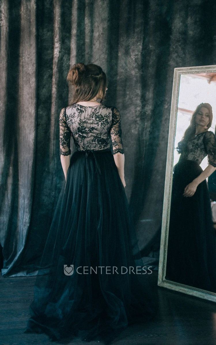 Sheath Long Sleeve Floor-length V-neck Illusion Low-V Back Lace Black Wedding Dress
