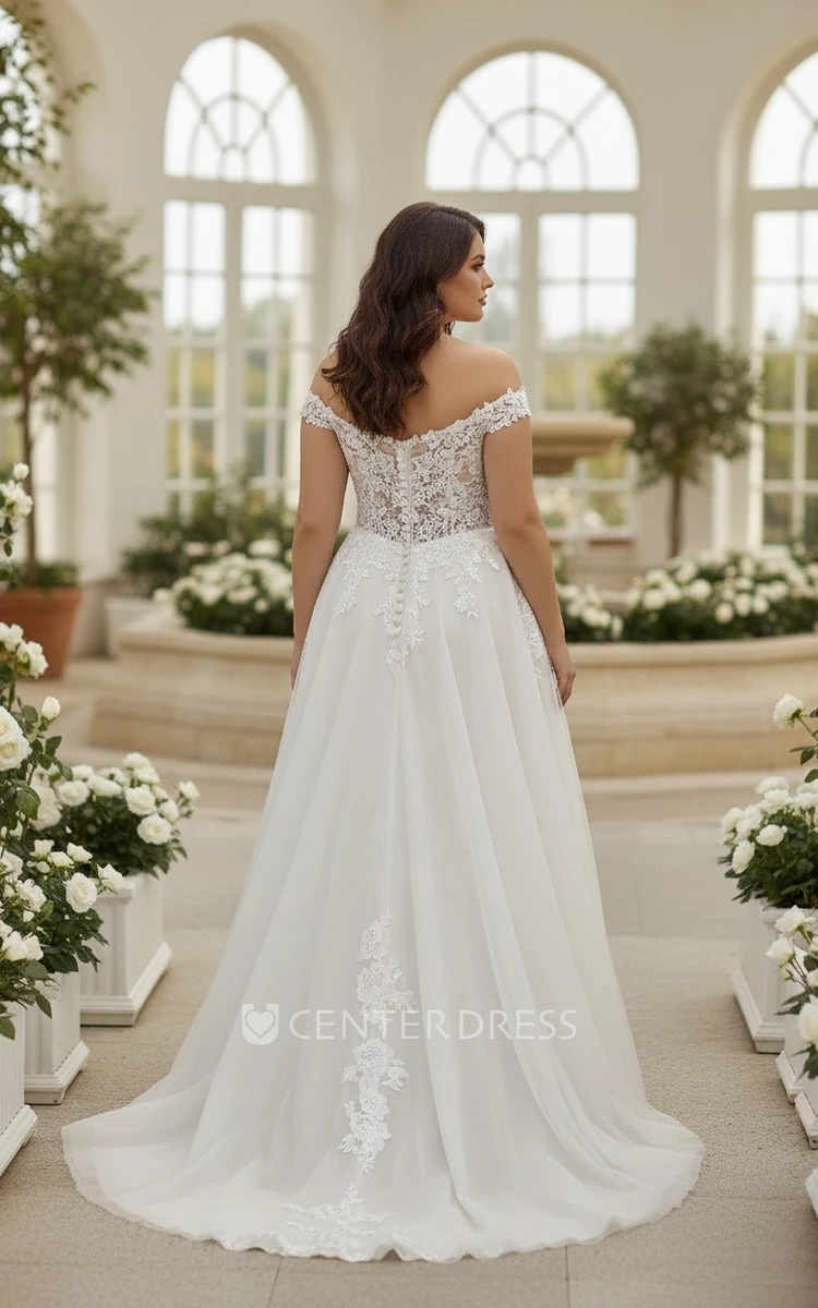 Plus Size A-Line Lace Wedding Dress Sexy Off-the-Shoulder Slit Bridal Gown