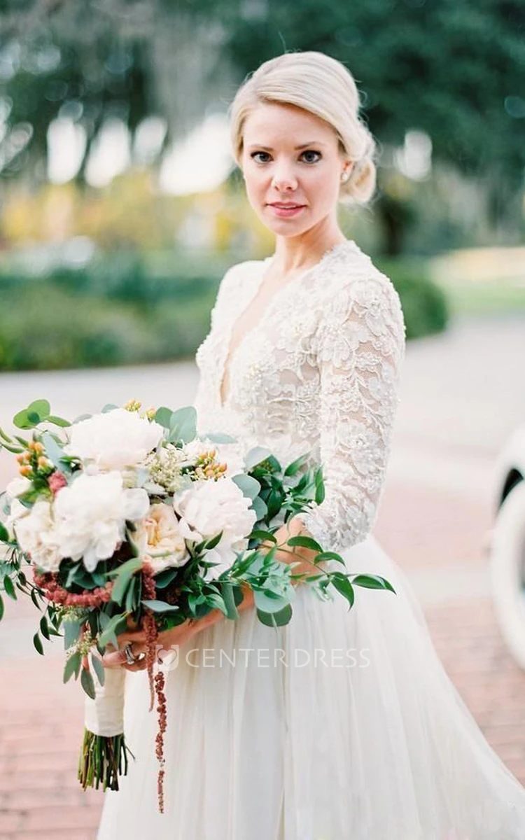 A Line V-neck Lace Tulle Zipper Keyhole Wedding Dress