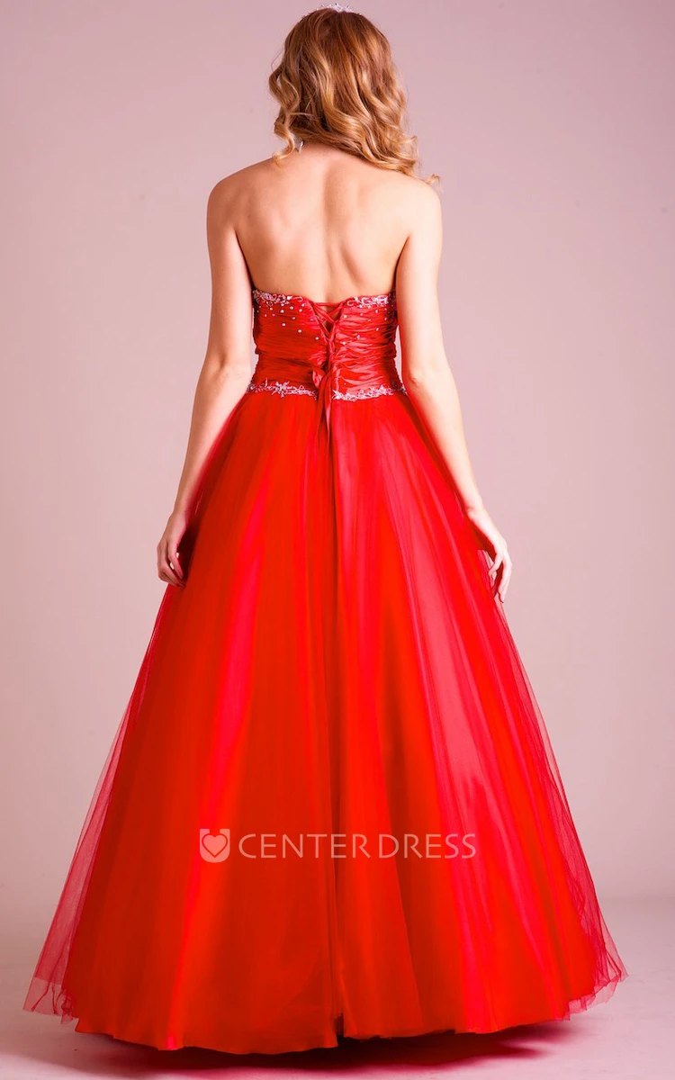 A-Line Sleeveless Sweetheart Long Beaded Tulle Prom Dress With Ruching