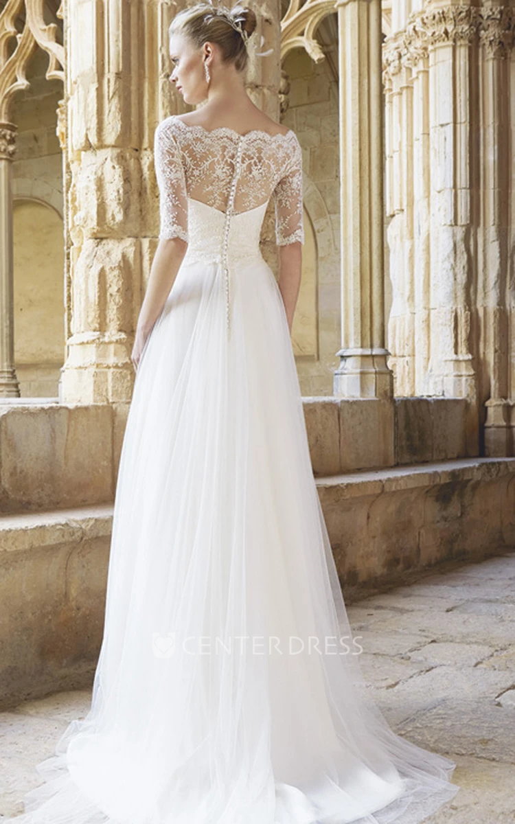 A-Line Floor-Length Half Sleeve Lace Bateau Neck Tulle Wedding Dress