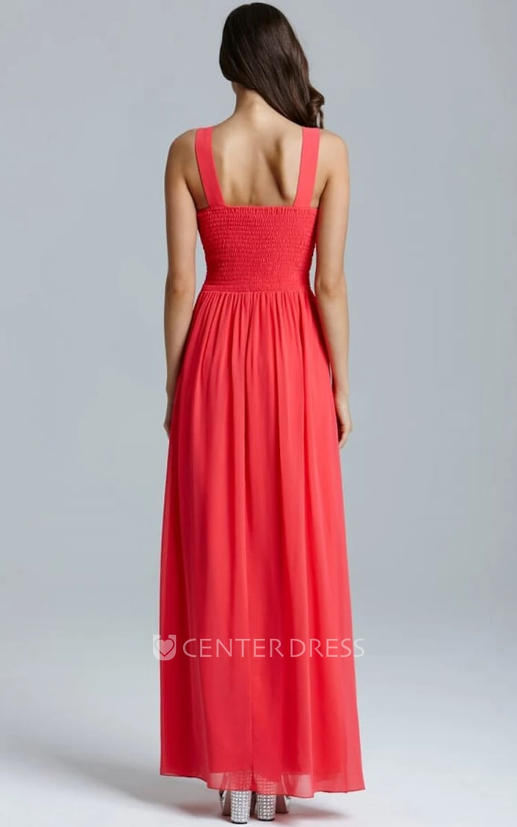 Ankle-Length Scoop Neck Ruched Sleeveless Chiffon Bridesmaid Dress
