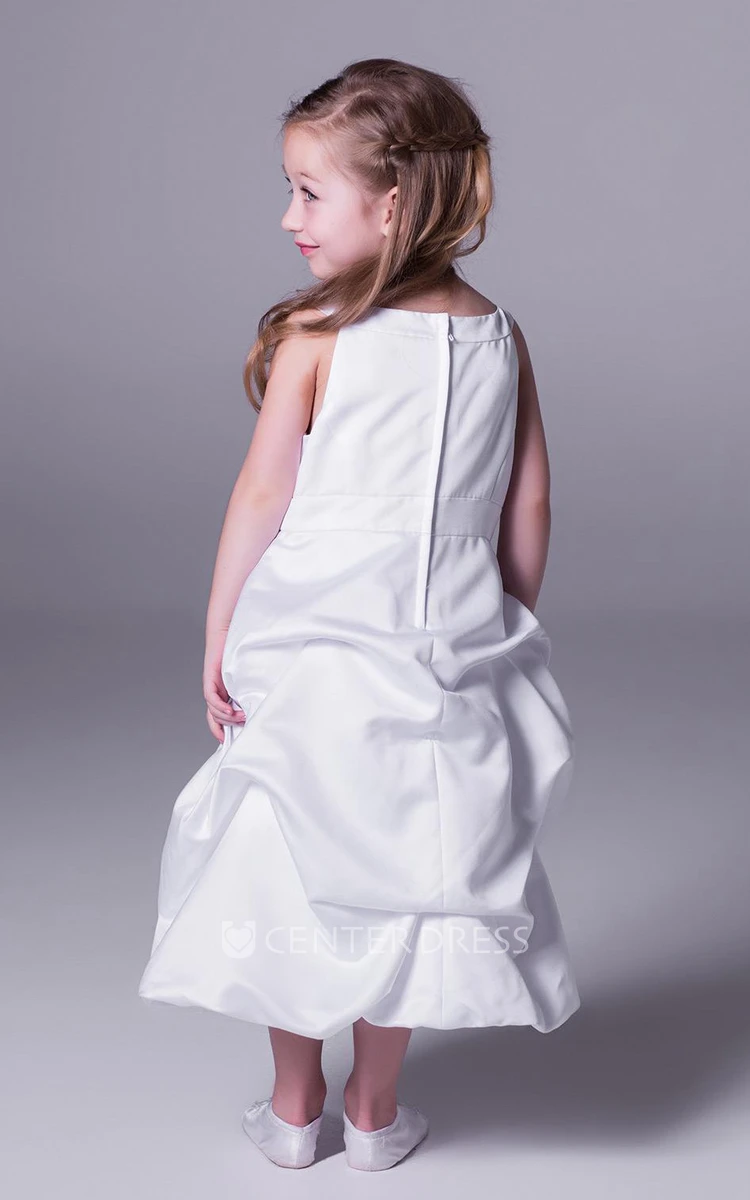 A-Line Scoop-Neck Sleeveless Tea-Length Pick-Up Satin Flower Girl Dress