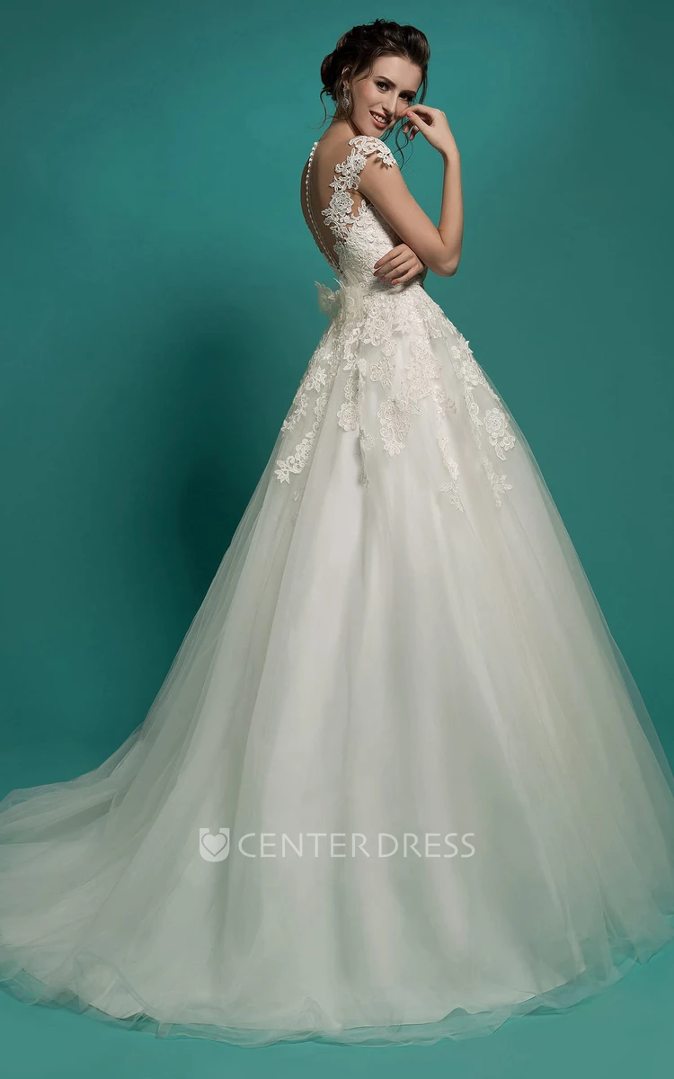 A-Line Long V-Neck Short-Sleeve Illusion Tulle Dress With Appliques And Bow