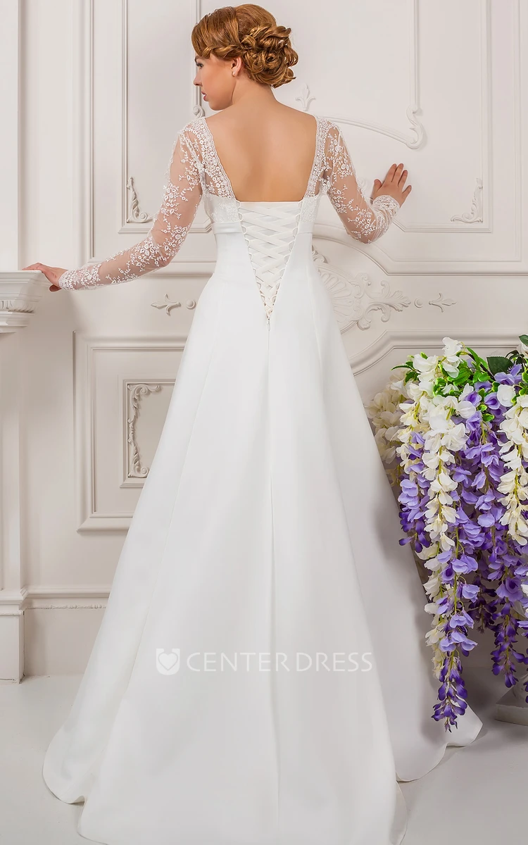 Sheath Square-Neck Floor-Length Long-Sleeve Lace Satin Wedding Dress With Bow