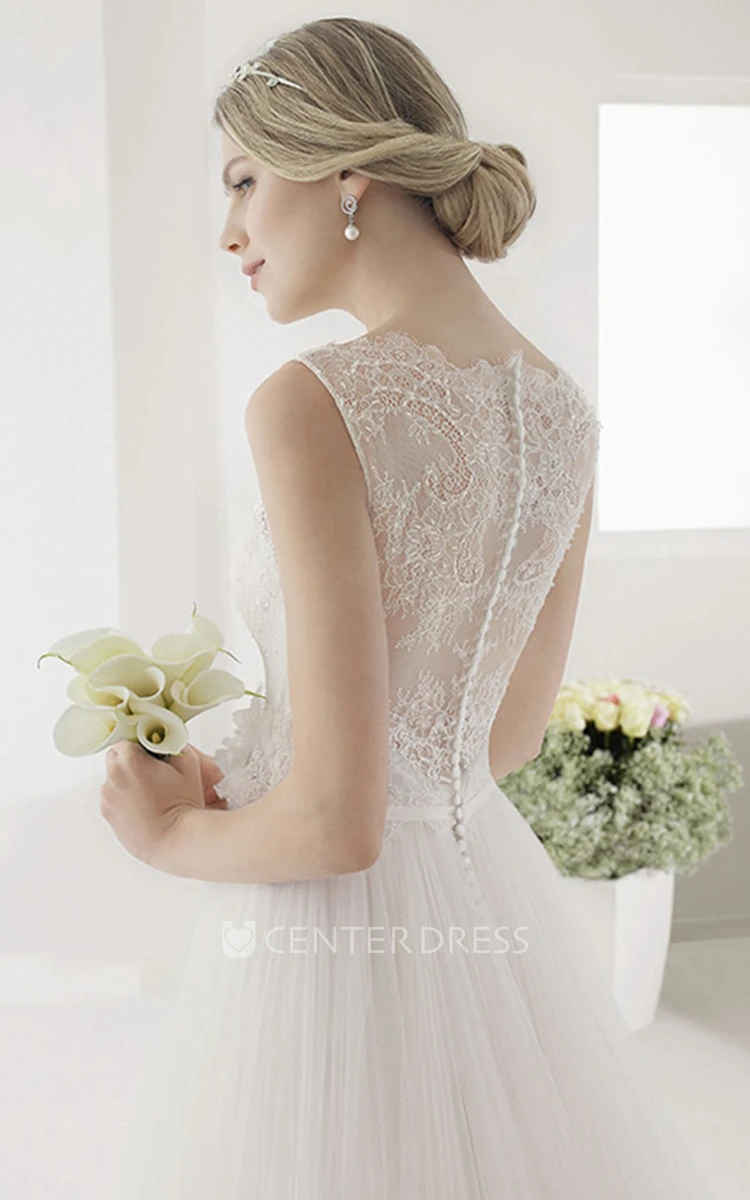 V Neck Embroidered Top Gown With Tulle Skirt And Waist Flower