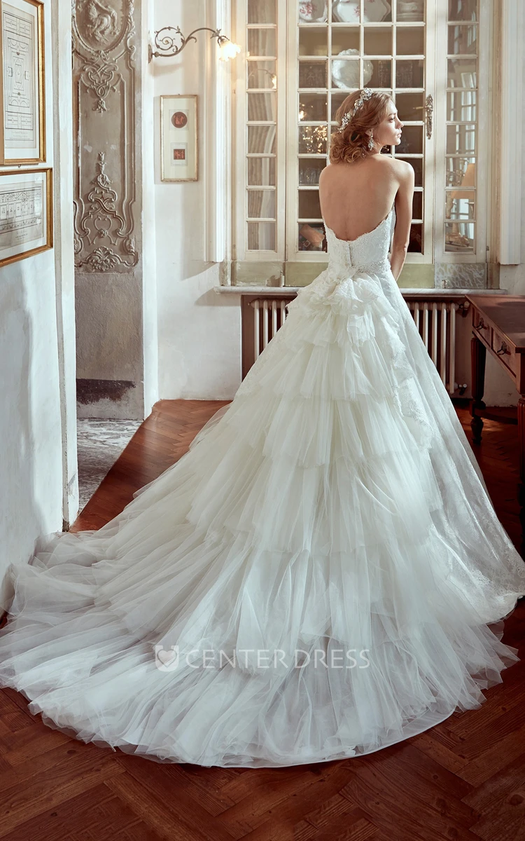 Sweetheart A-Line Wedding Dress with Multi-Tier Train and Beaded Belt