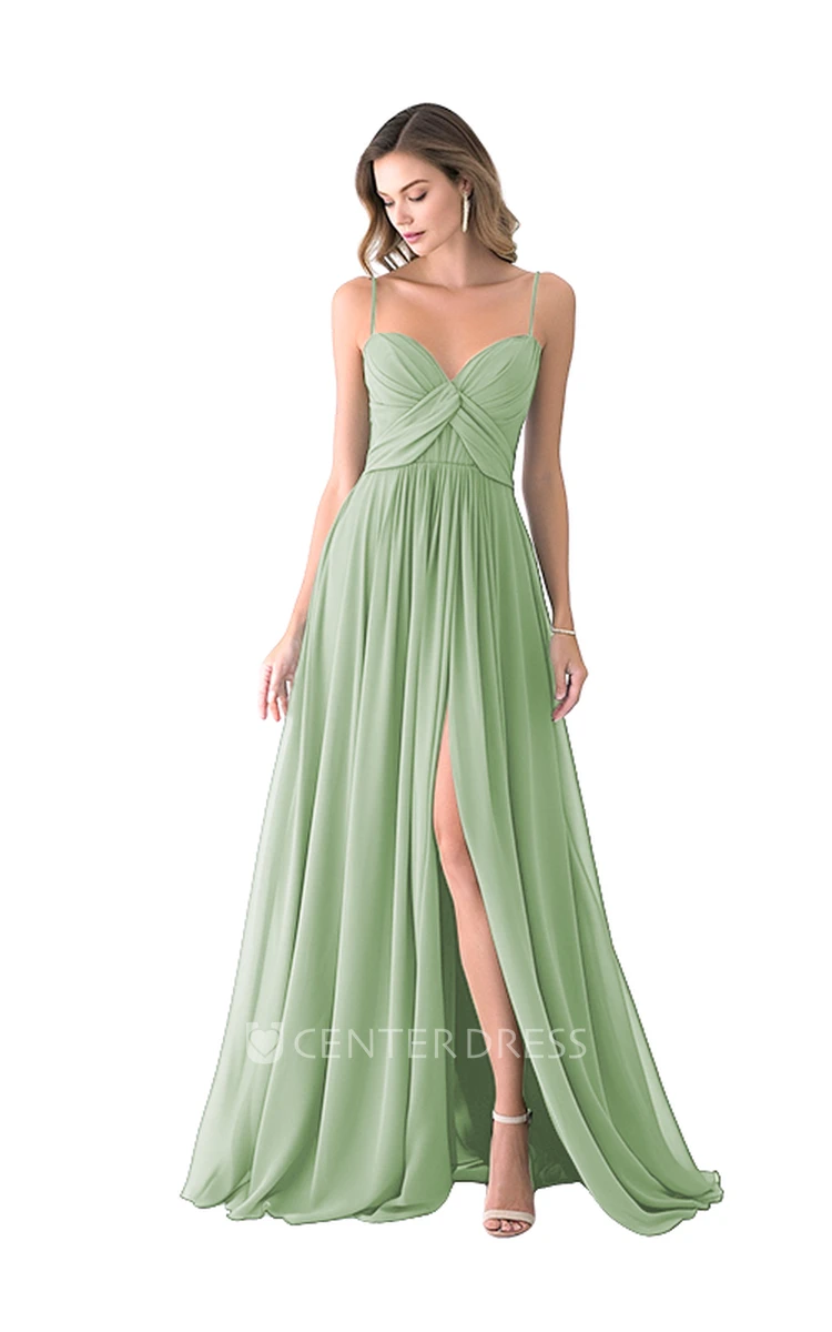 Satin Spaghetti Casual A-Line Bridesmaid Dress with Front Split