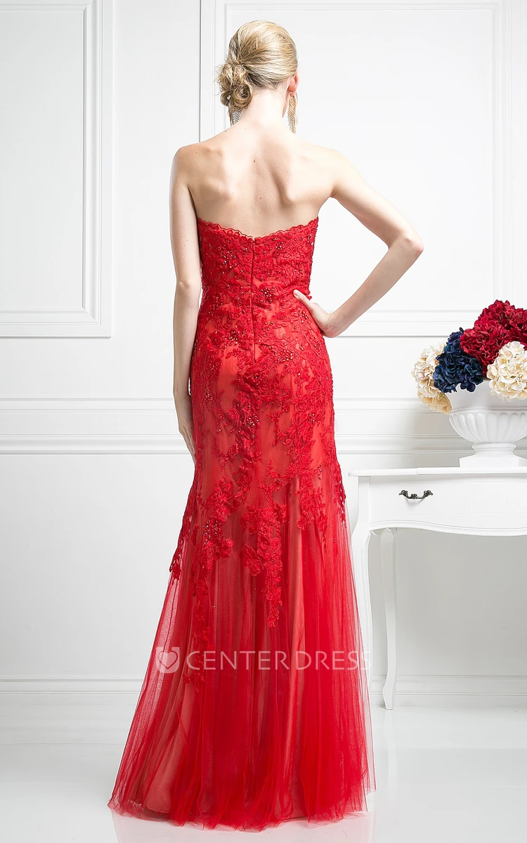 Sheath Strapless Sleeveless Lace Tulle Low-V Back Dress With Appliques And Beading