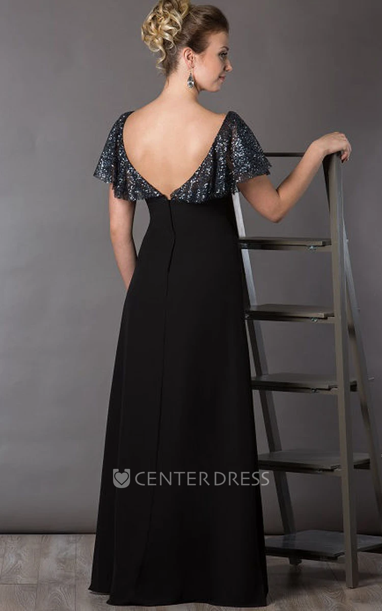 Bateau V Back Sequin Top Chiffon Long Mother Of The Bride Dress With Short Batwing Sleeve