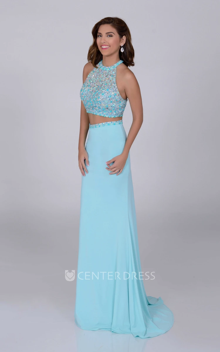 A-Line Jersey Crop Top Sleeveless Prom Dress With Keyhole Back And Crystal Bodice
