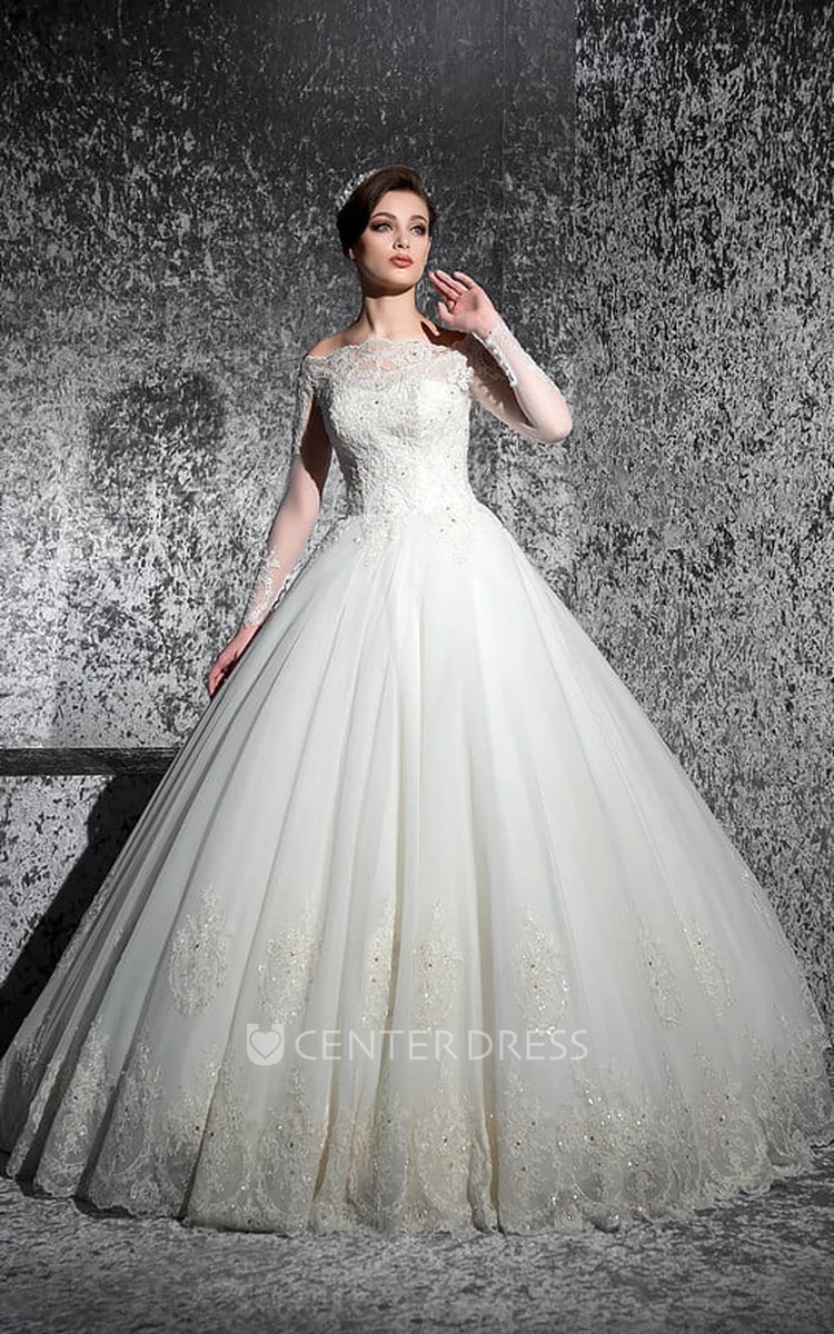 Ball Gown Floor-Length Off-The-Shoulder Long-Sleeve Illusion Lace Dress With Appliques And Beading