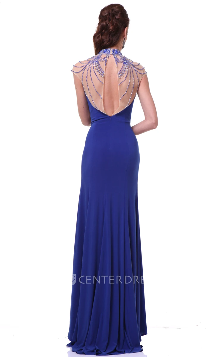 Sheath High Neck Cap-Sleeve Jersey Keyhole Dress With Crystal Detailing