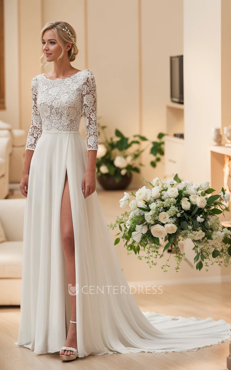 Classic Elegant A-Line Boho Lace Appliqued Wedding Dress Vintage Flowy Scoop Neck 3/4 Sleeve Split-Front Chapel Train Bridal Gown