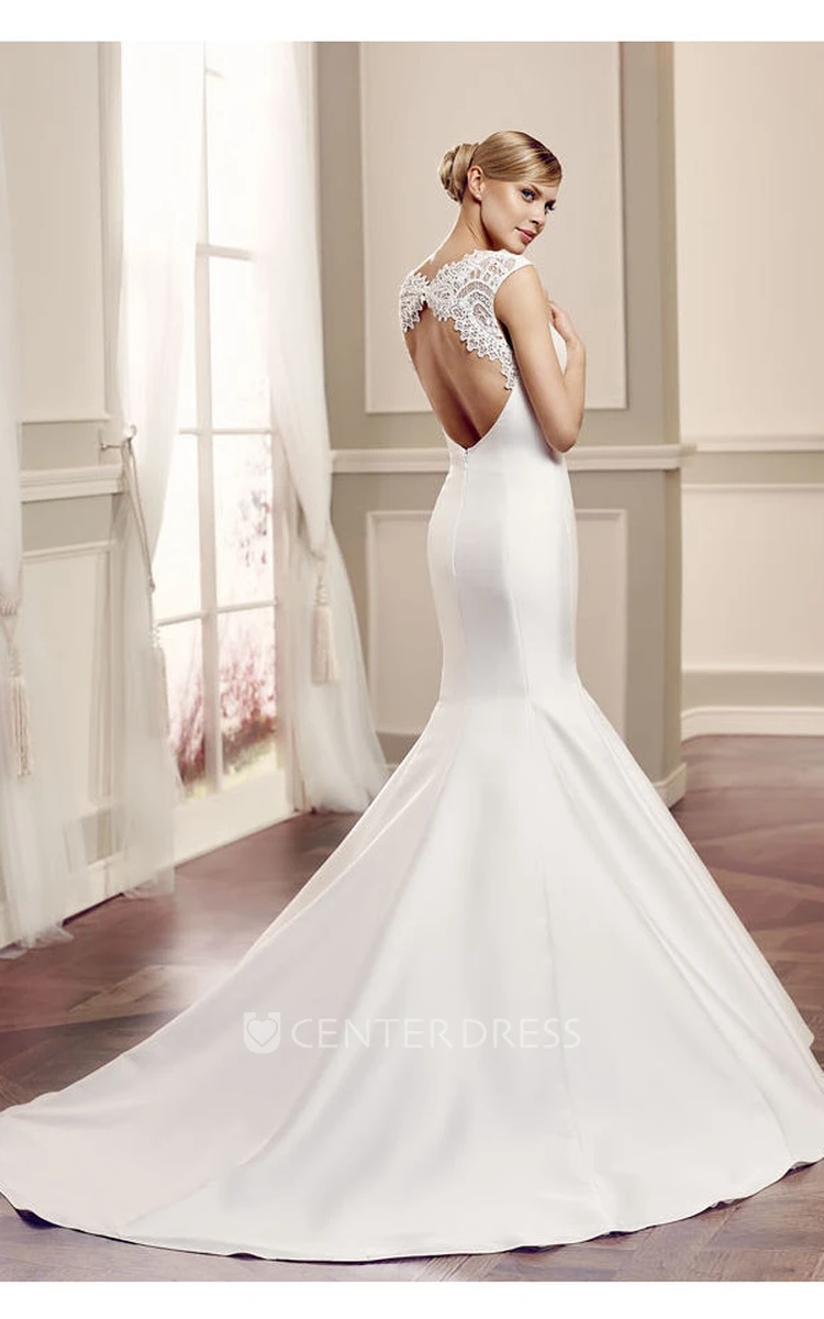 Scoop Long Lace Cap-Sleeve Satin Wedding Dress With Court Train And Keyhole