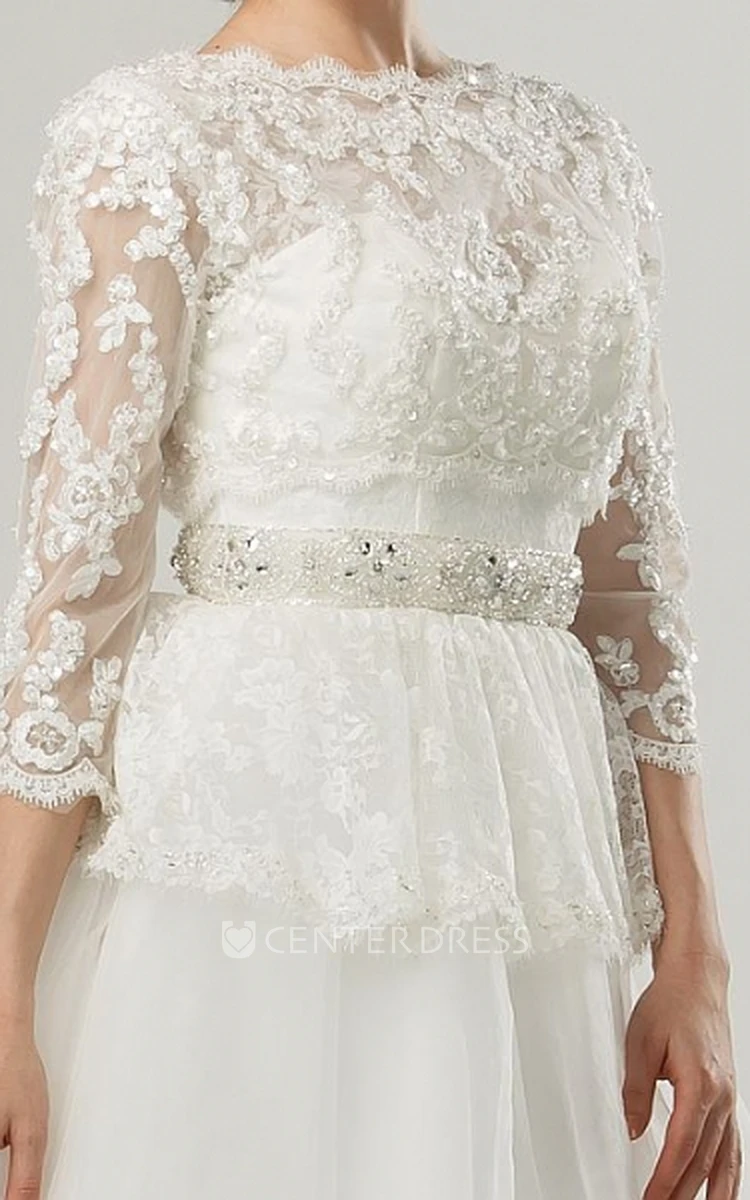 Ball Gown Jeweled Cap-Sleeve Scoop-Neck Tulle Wedding Dress With Lace And Peplum