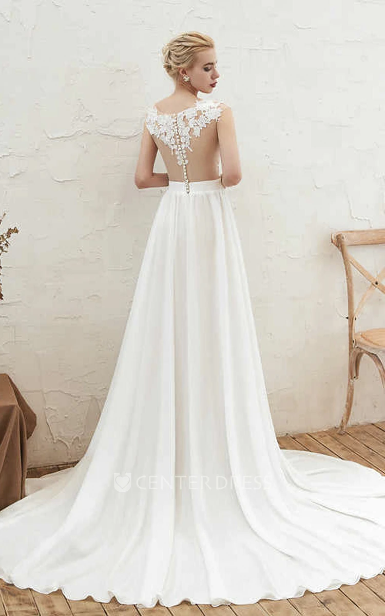 Elegant A-line Illusion Cap Sleeve Split Front Chiffon Bridal Gown With Lace Appliques