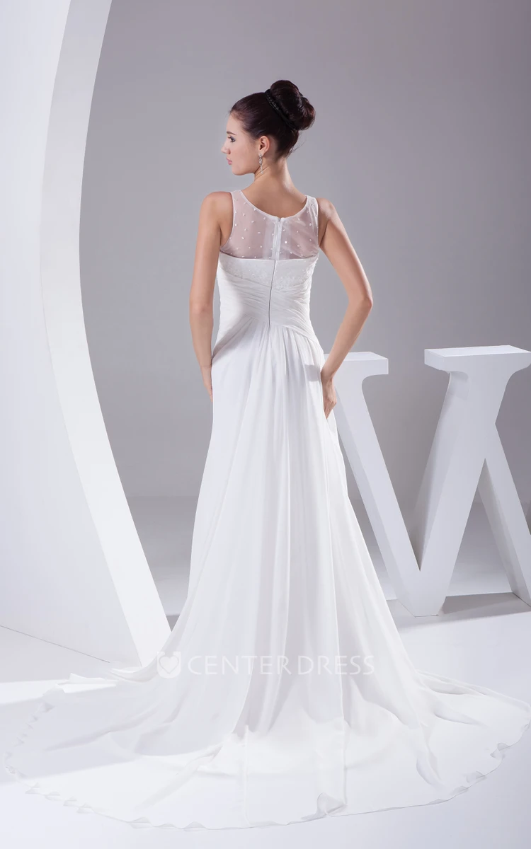 Illusion-Neck Sleeveless Chiffon Wedding Dress With Beading and Criss-Cross Ruching
