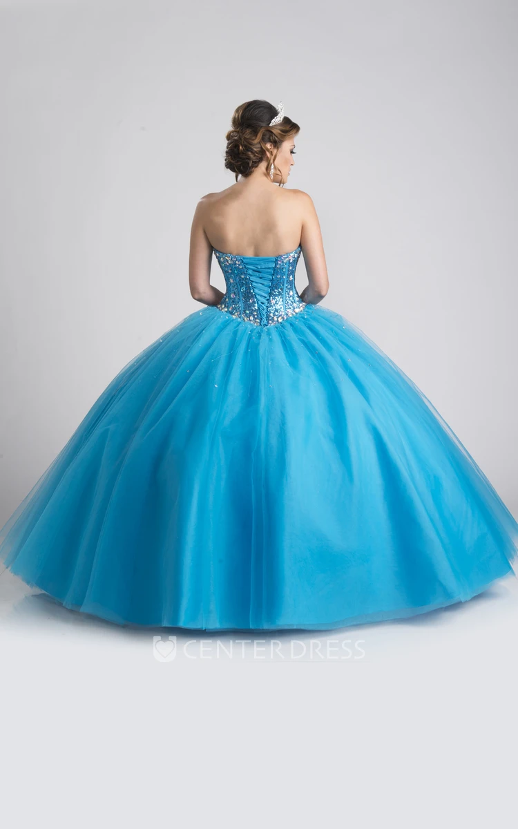 A-Line Sleeveless Tulle Ball Gown With Crystal Bodice And Removable Cap