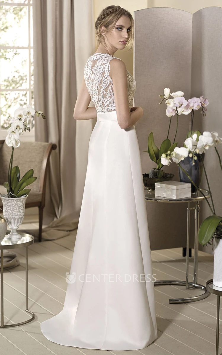Sheath Appliqued Cap-Sleeve Floor-Length Bateau-Neck Satin Wedding Dress