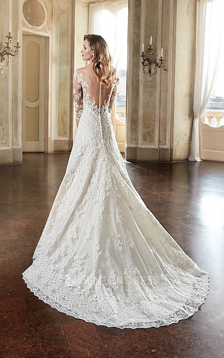 A-Line Long Off-The-Shoulder 3-4-Sleeve Lace Wedding Dress With Appliques And Illusion