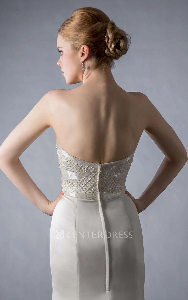 Floor-Length Sheath Sweetheart Sleeveless Beaded Satin Wedding Dress