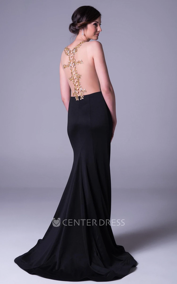 Scoop Long Beaded Chiffon Prom Dress With Sweep Train And Illusion