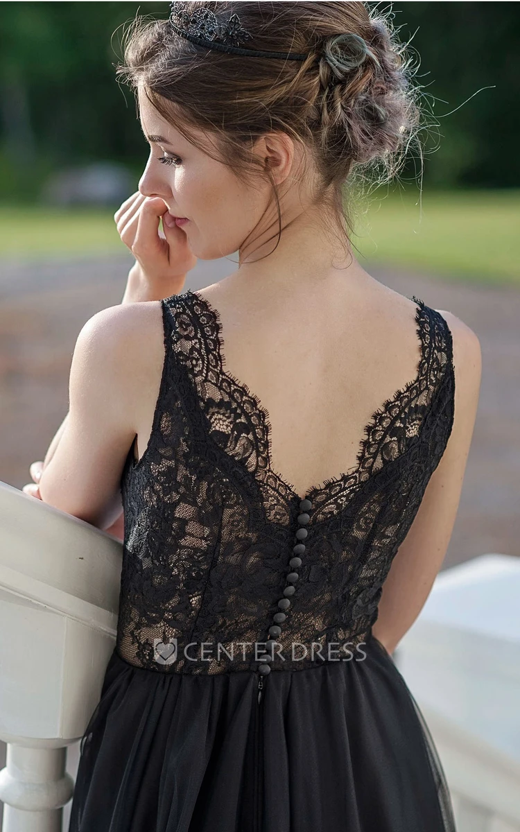 A-Line Sleeveless Floor-length Straps Low-V Back Lace Ruffles Sash/Ribbon Black Wedding Dress