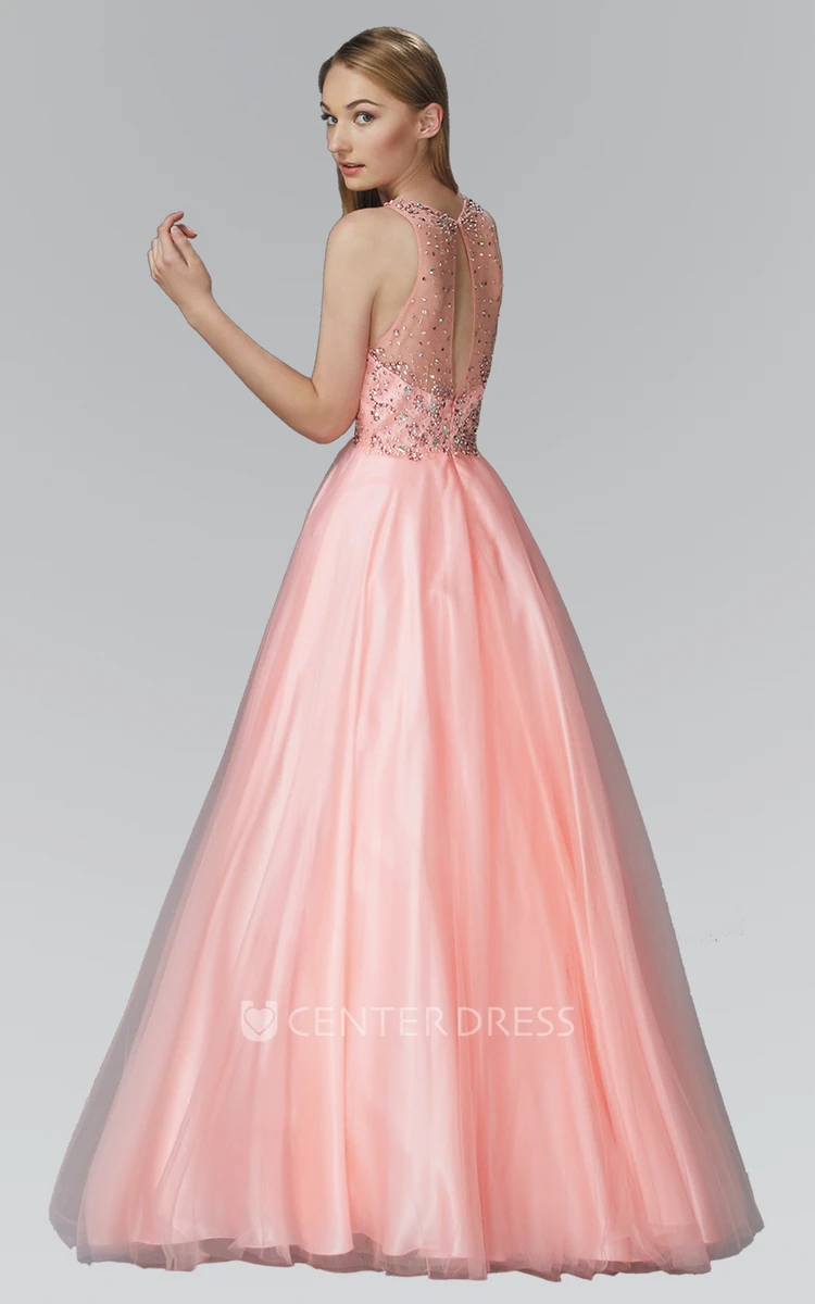 Ball Gown Long Scoop-Neck Sleeveless Satin Illusion Dress With Beading