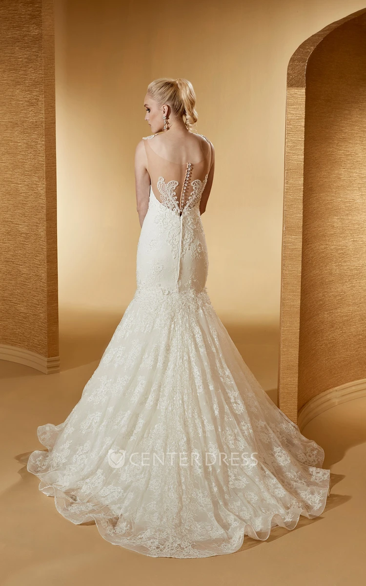 Sassy V-Neck Mermaid Lace Long Wedding Dress With Appliques Straps And Brush Train