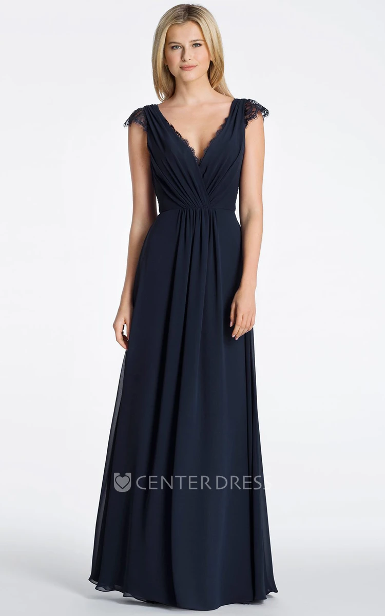 A-Line Cap-Sleeve Long Ruched V-Neck Chiffon Bridesmaid Dress With Lace And Keyhole Back