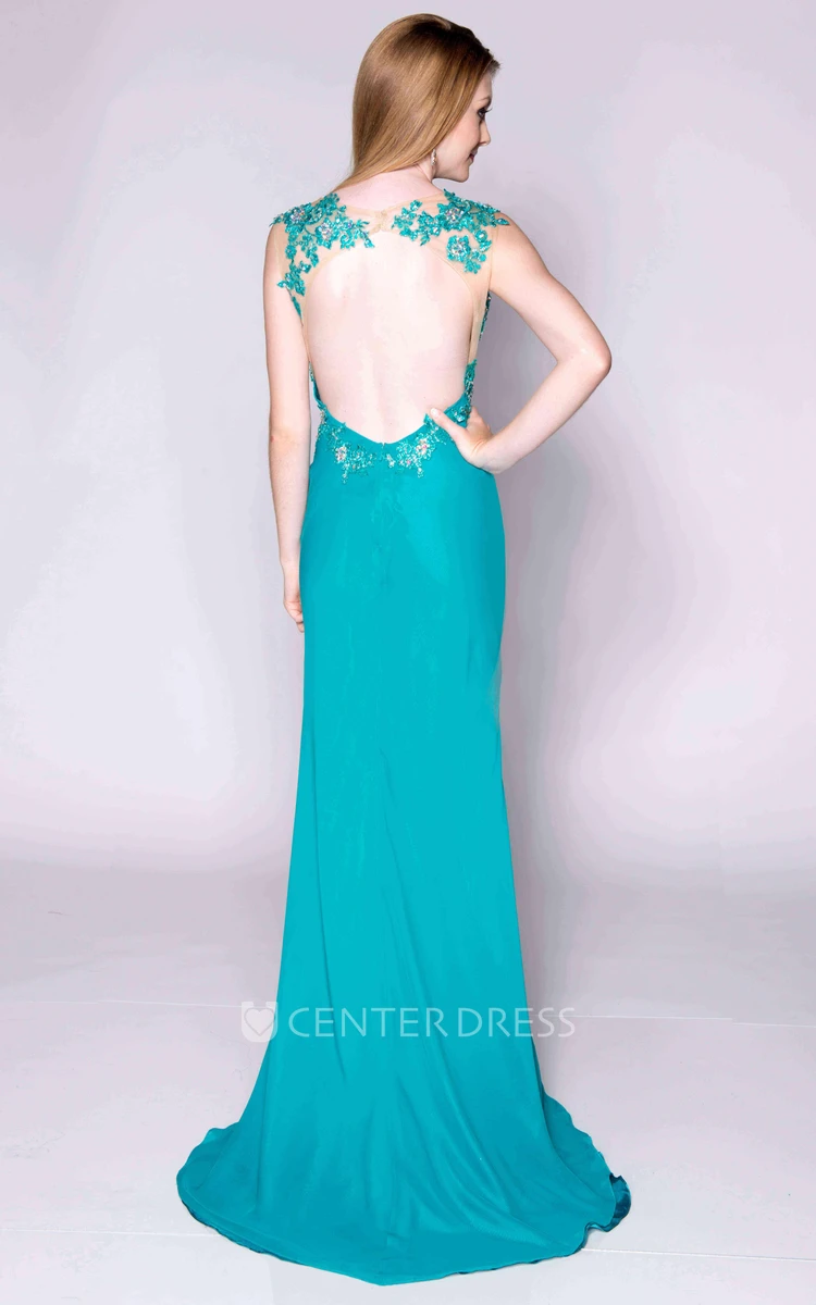 Sleeveless Lace And Jersey Prom Dress Featuring Keyhole Back