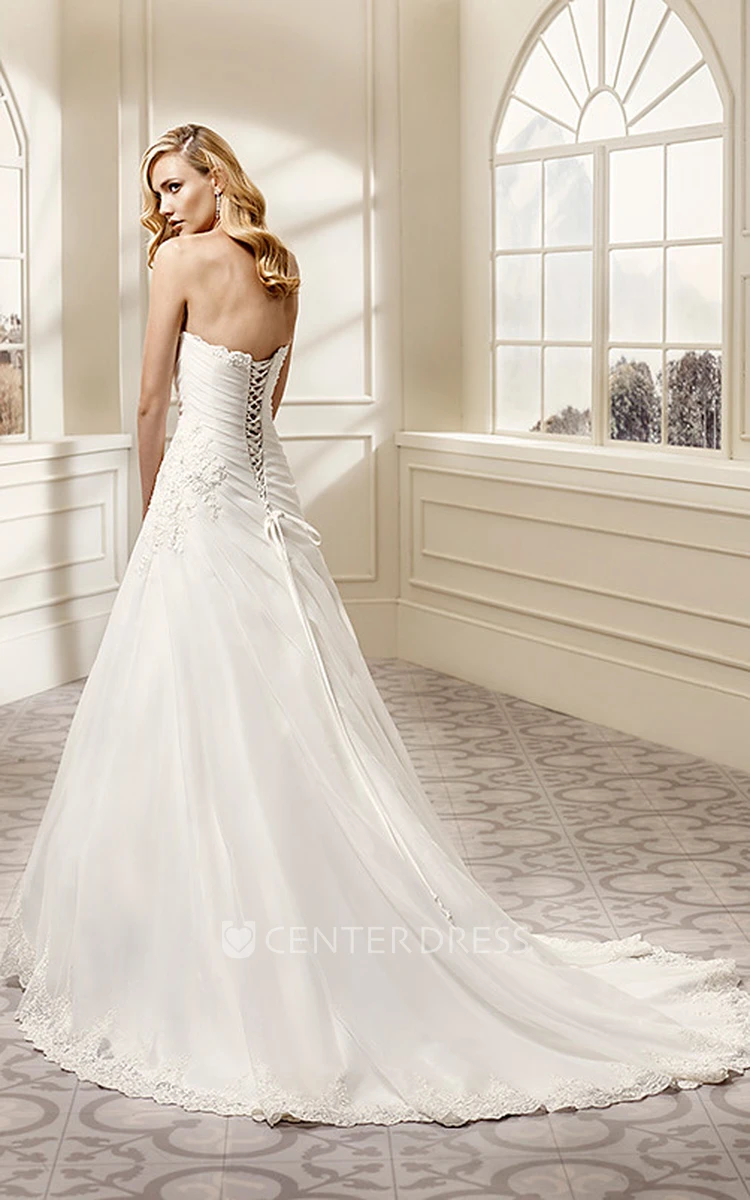 A-Line Ruched Floor-Length Sweetheart Tulle&Satin Wedding Dress With Appliques And Corset Back