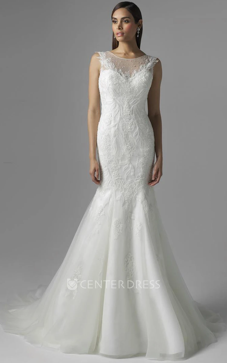 Mermaid Sleeveless Scoop-Neck Lace&Tulle Wedding Dress With Beading And Illusion