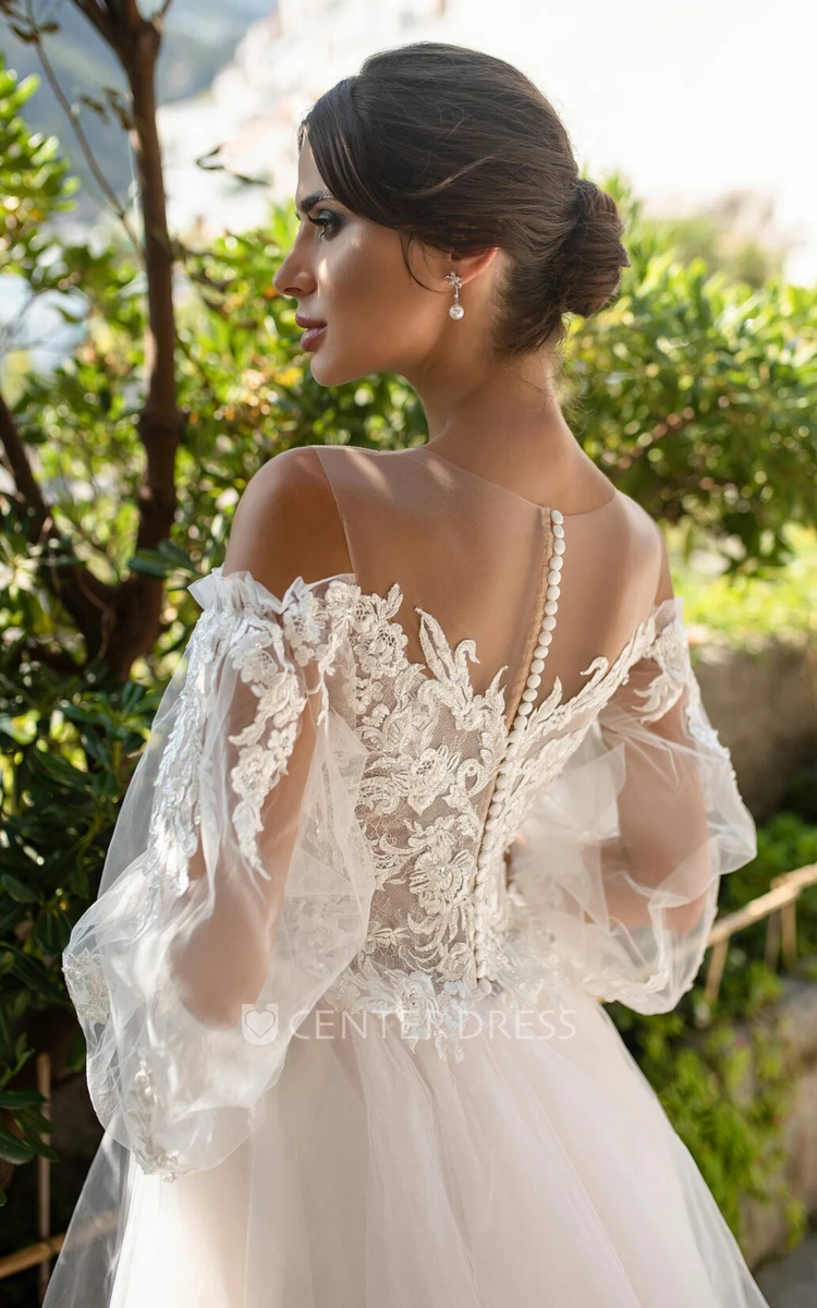 Romantic A Line Tulle Sweetheart Wedding Dress With Poet 3/4 Length Sleeve And Illusion Back