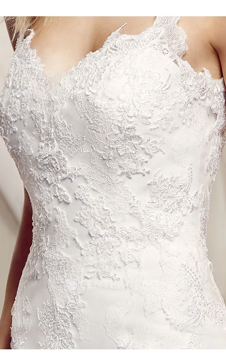 Maxi Straps Appliqued Lace Wedding Dress With Court Train And Illusion