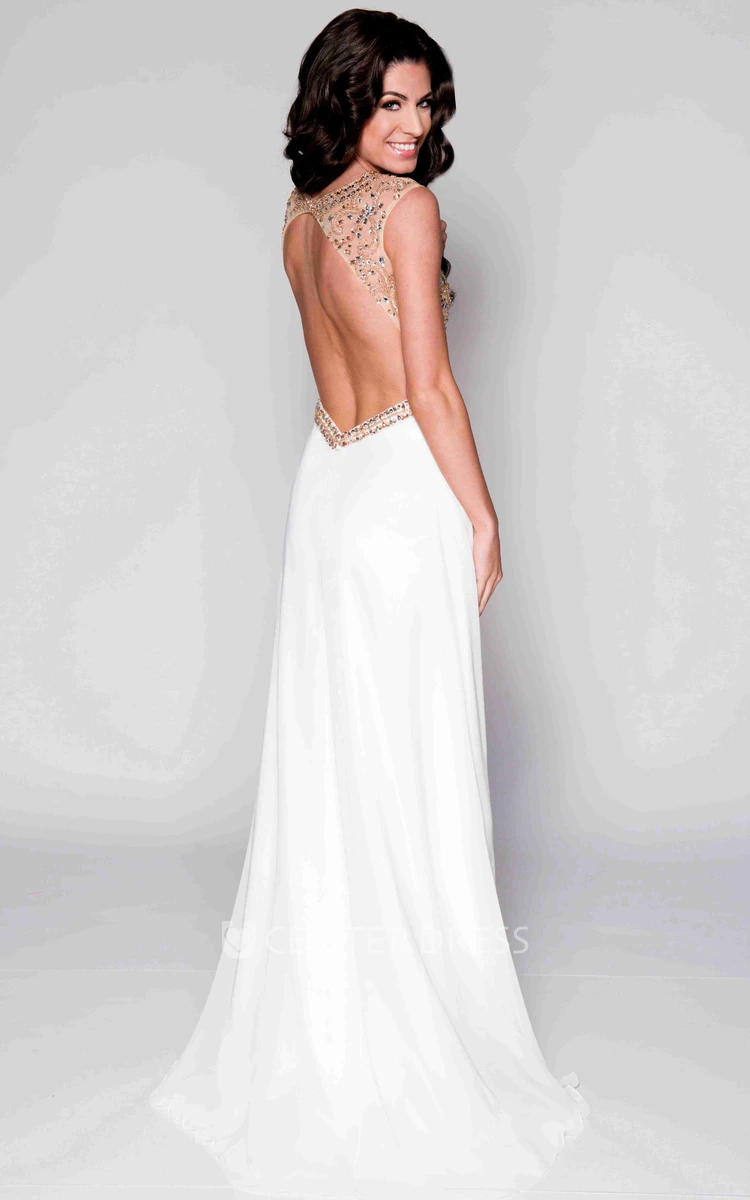 Beaded Bodice A-Line Chiffon Prom Dress With Bateau Neckline