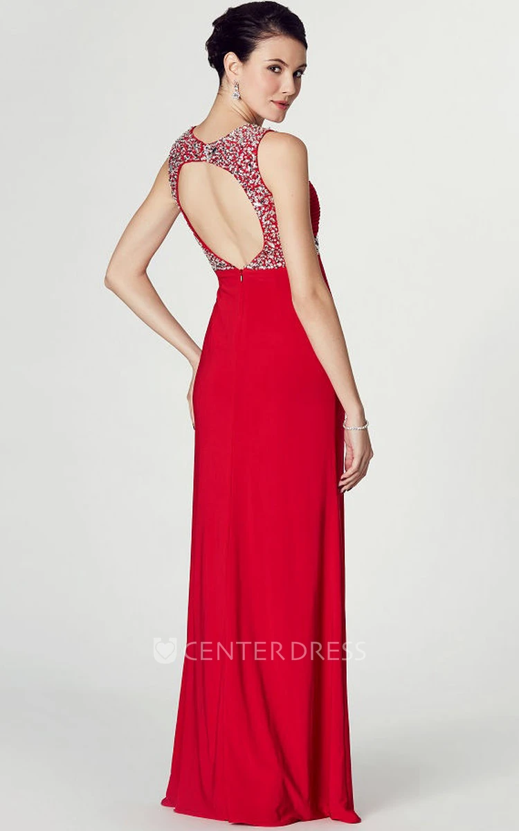 Floor-Length Sleeveless Beaded Strapped Jersey Prom Dress With Keyhole