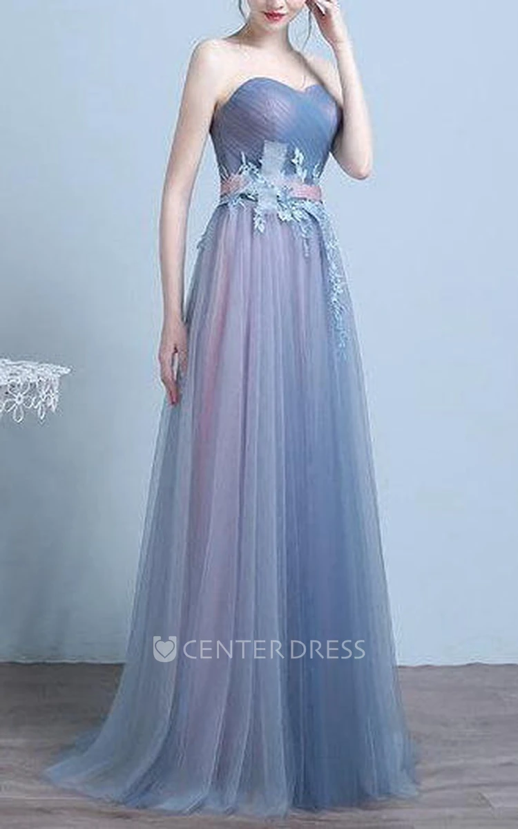 Blue Vintage Tulle Lace-up Dress with Flower
