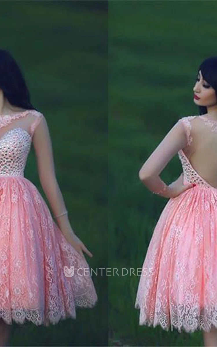 Lovely Beadings Lace Cocktail Dress Open Back Pink Homecoming Dress