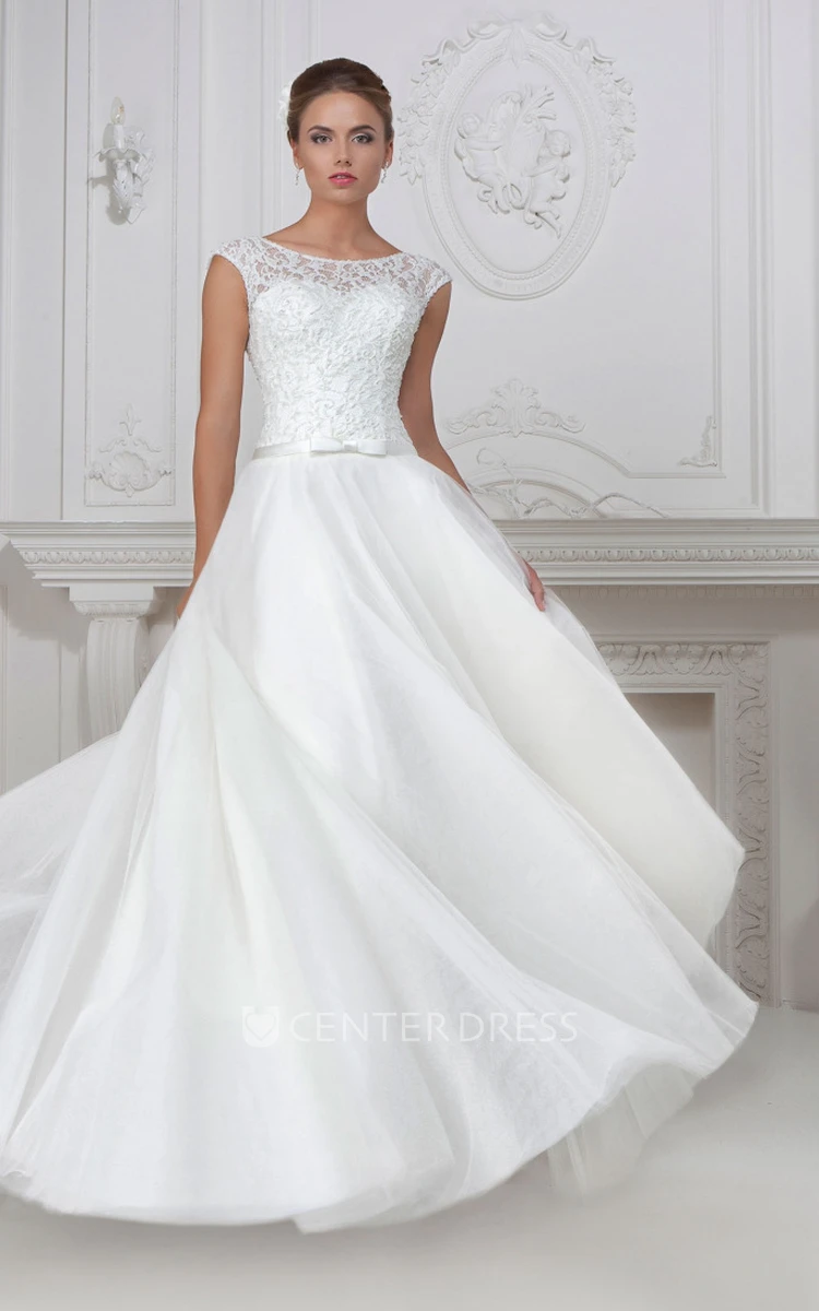 A-Line Cap-Sleeve Floor-Length Scoop-Neck Lace&Tulle&Satin Wedding Dress