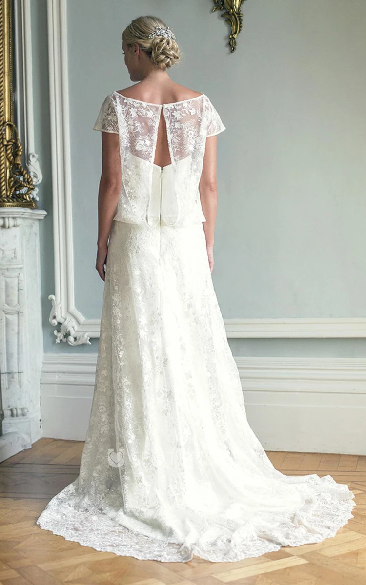 Sheath Scoop-Neck Cap-Sleeve Appliqued Lace Wedding Dress With Cape