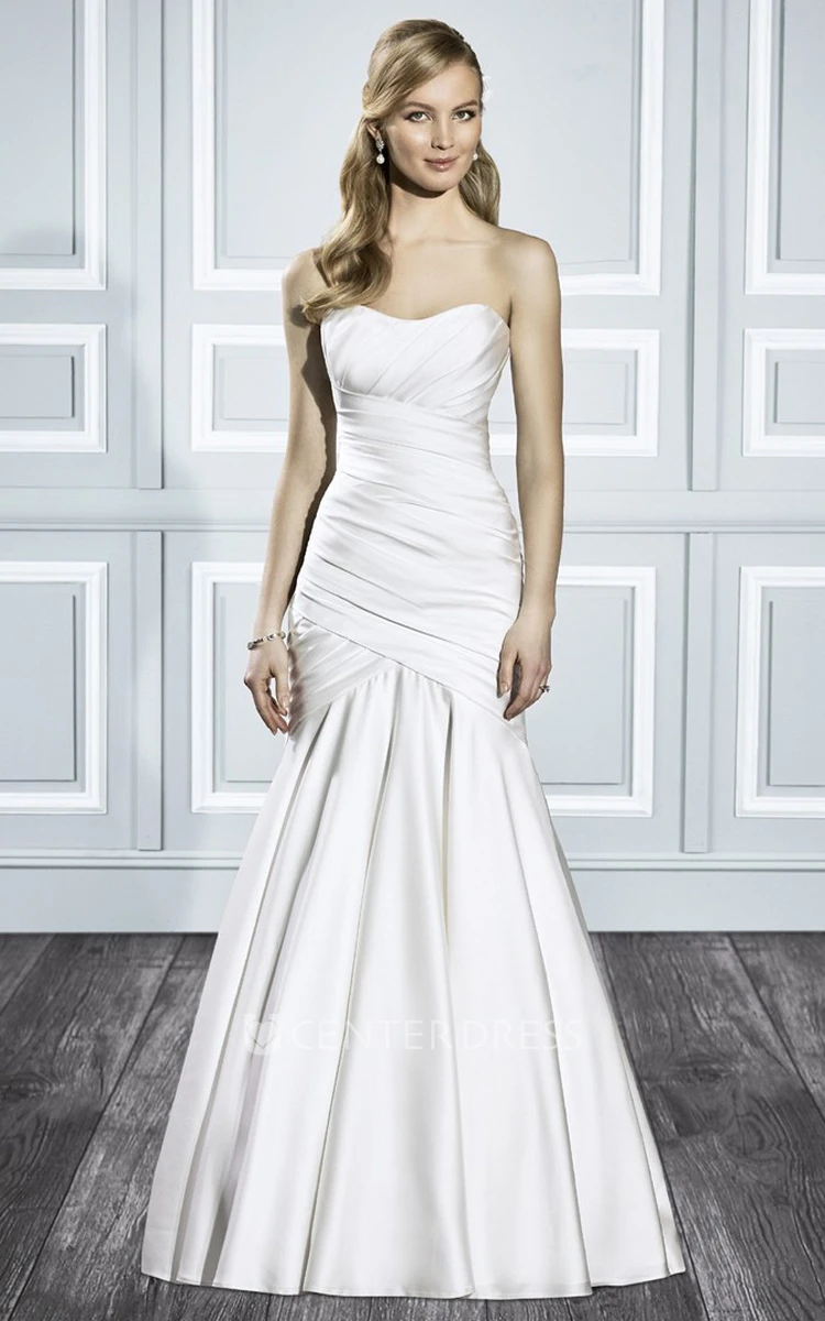 Trumpet Strapless Long Satin Wedding Dress With Ruching And V Back