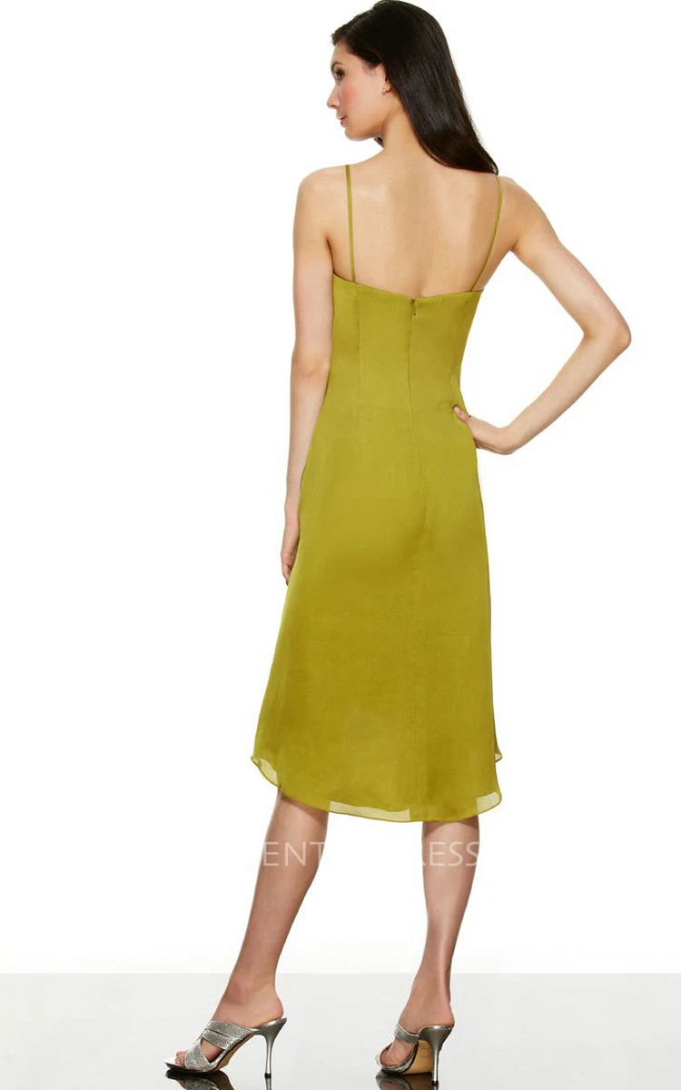 High-Low Ruched Spaghetti Sleeveless Jersey Bridesmaid Dress With Draping