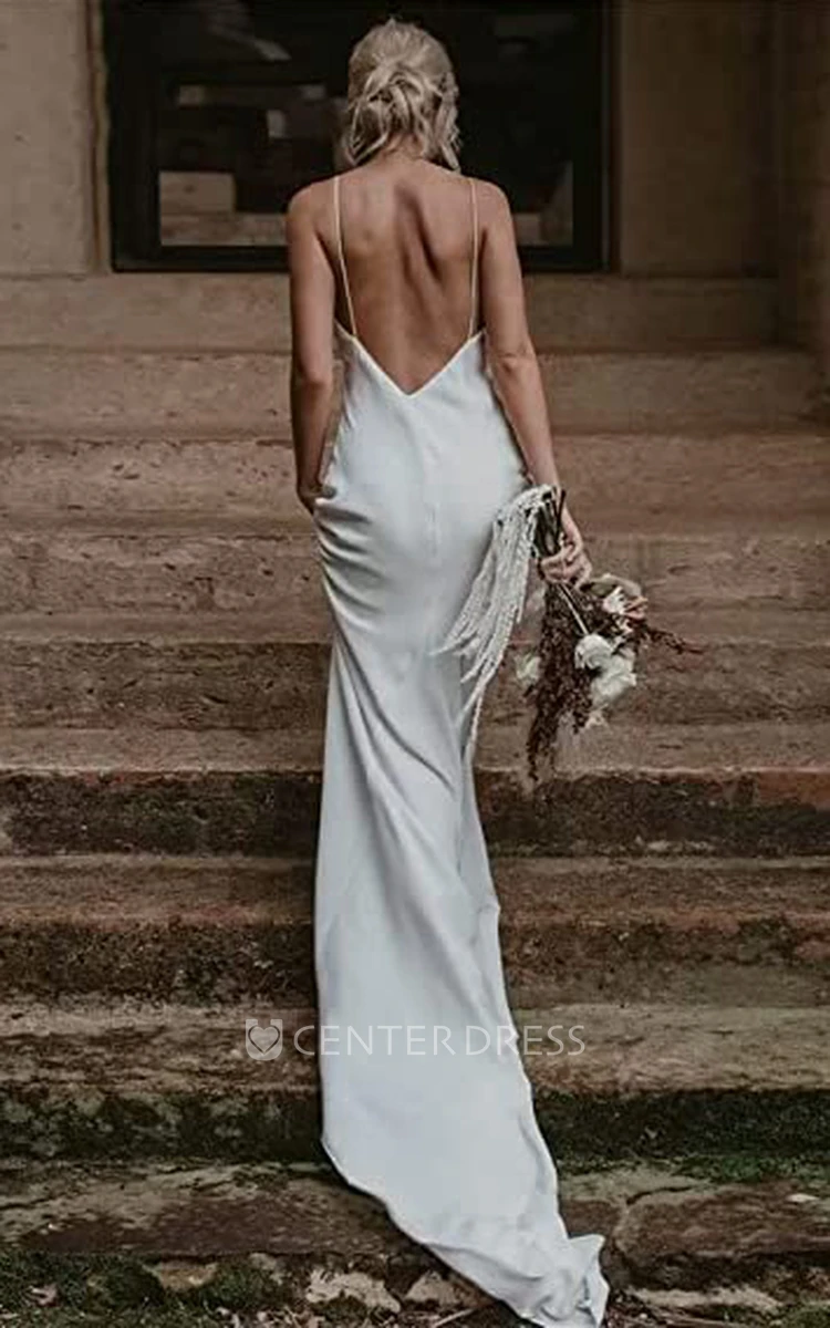 Elegant Beach Garden Spaghetti Satin Sheath Wedding Dress Sleeveless