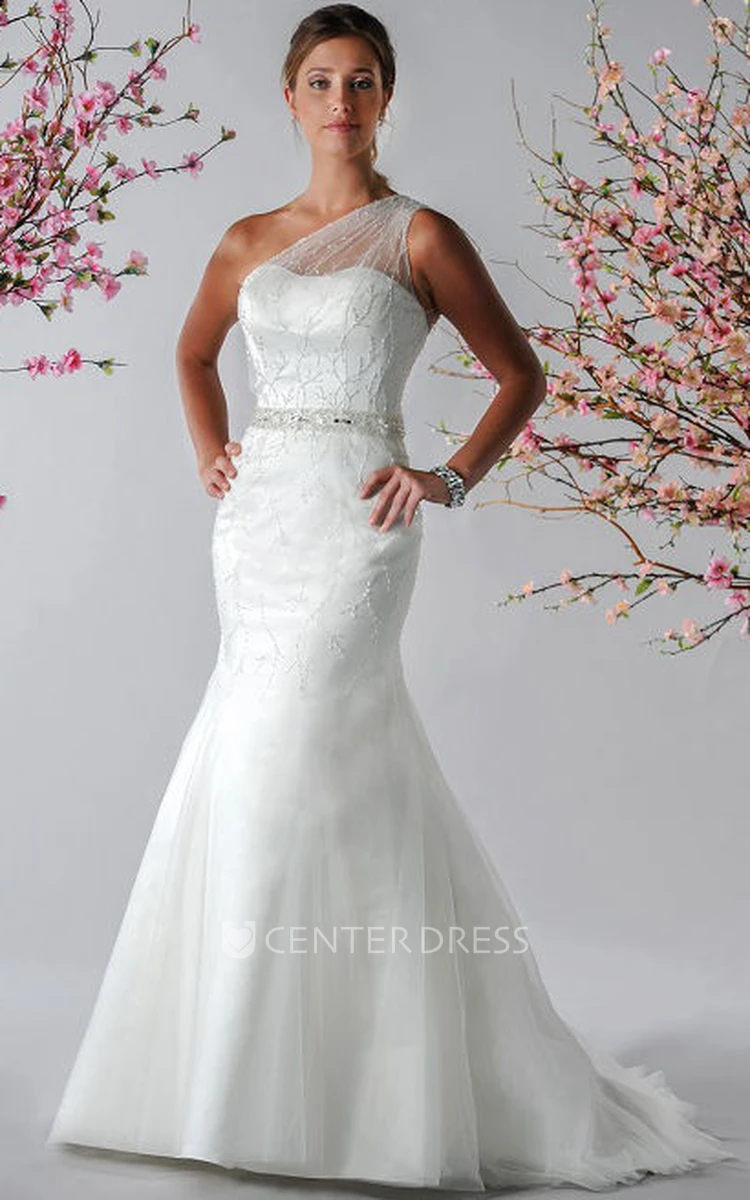 Illusion Tulle Single Strap Mermaid Bridal Gown With Crystal Waist