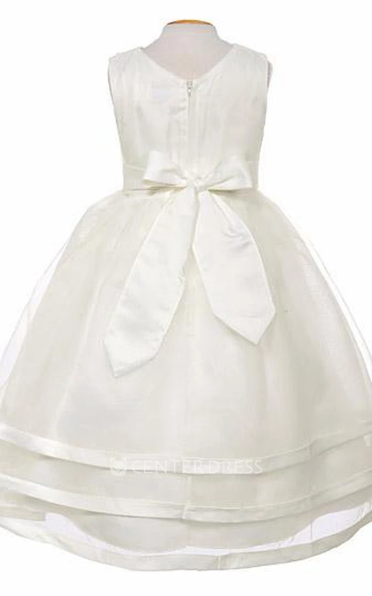 V-Neck Tea-Length Pleated Tiered Organza&Satin Flower Girl Dress With Ribbon