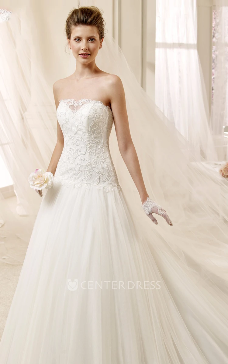 Simple Strapless A-line Wedding Dress with Lace Bodice and Brush Train